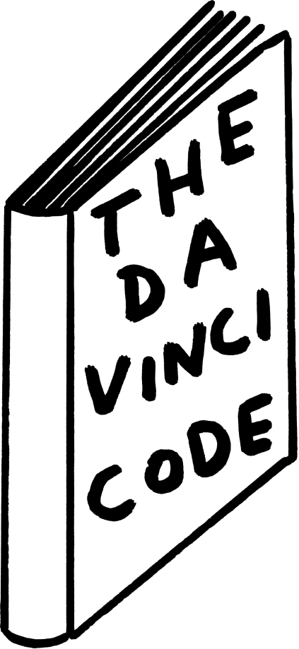 An illustration of a copy of The Da Vinci Code in the style of David Shrigley