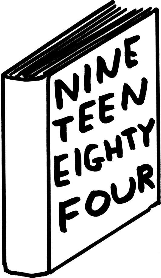 An illustration of a copy of Nineteen Eighty-Four in the style of David Shrigley